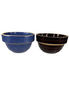 USA Pottery Beehive Bowls Stoneware Set Of 2 Blue & Brown 5"  Rustic Vintage